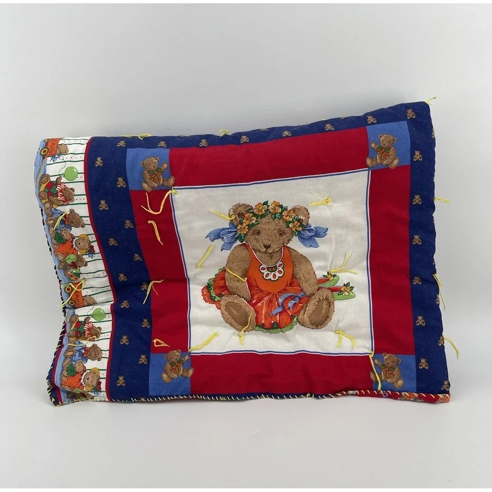 Vintage‎ Handmade Teddy Bear Quilt Blanket Throw Red Blue 39x34 Kids Nursery